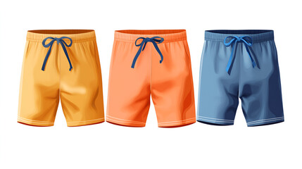 Colorful swim shorts collection displayed in vibrant hues of yellow, orange, and blue, showcasing stylish design and comfortable fit for summer beach activities and water sports enjoyment