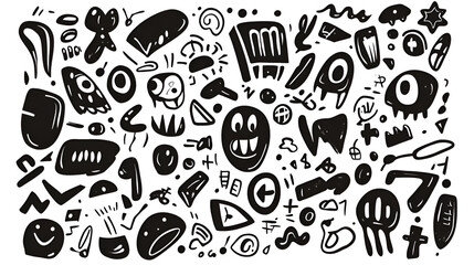 Obraz premium Abstract black and white illustration featuring various playful doodles, shapes, and characters, creating a whimsical and energetic visual composition for creative projects