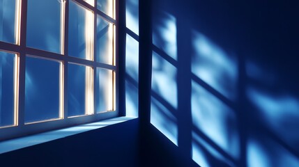 Obraz premium Soft light filters through a window casting blue shadows in a serene indoor space in the late afternoon