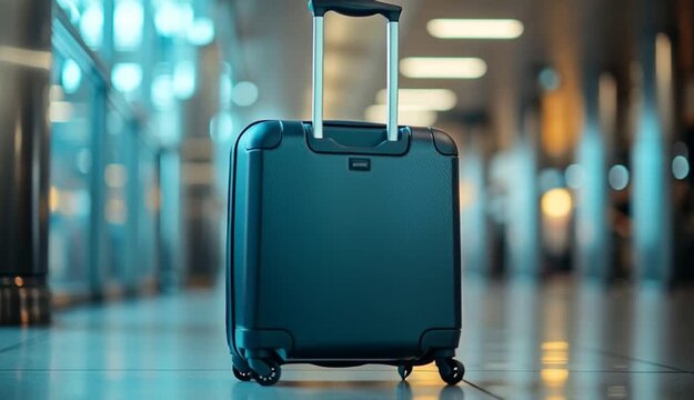 Modern black carry-on luggage suitcase with wheels in airport terminal hallway