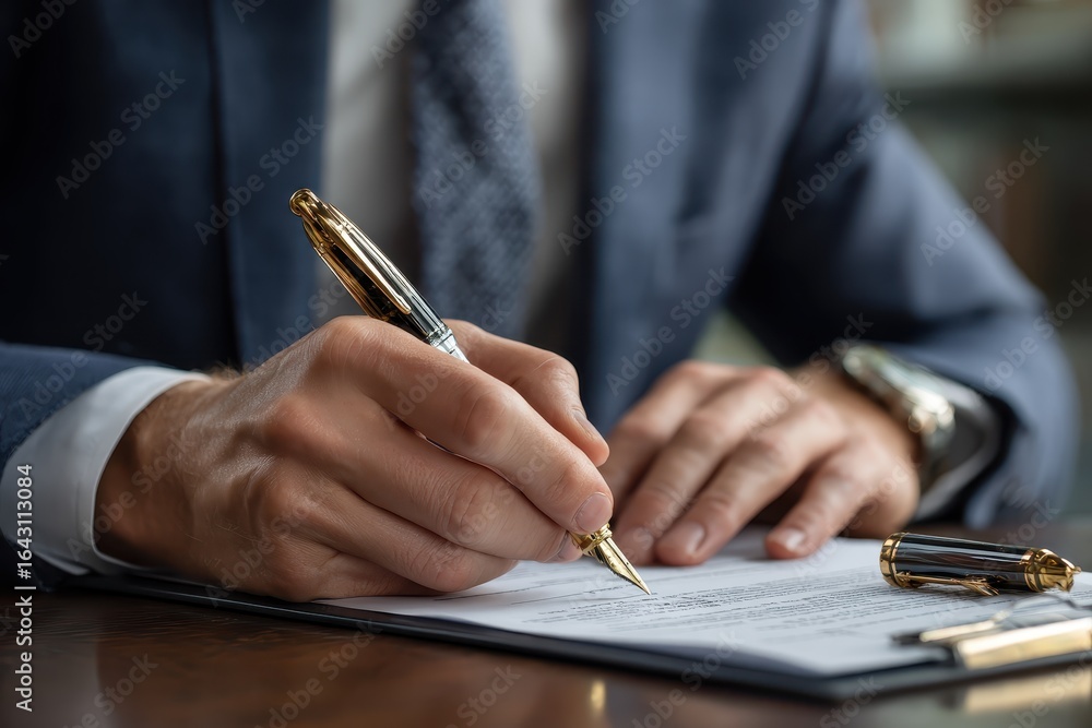 Poster businessman engaged in important document writing with a sleek pen in a modern office setting during