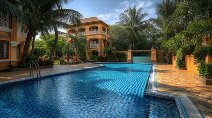 Fototapeta premium Luxurious swimming pool surrounded by tropical palm trees and elegant architecture, reflecting sunlight, creating a serene atmosphere for relaxation and leisure activities