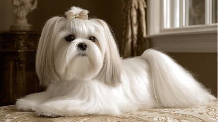 Adorable white lhasa apso dog relaxing on luxurious sofa