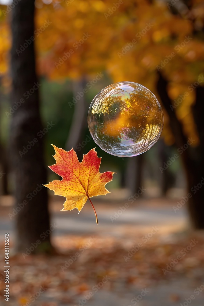 Poster soap bubble floating near colorful maple leaf in autumn forest