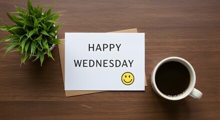Happy Wednesday Note with Coffee Cup on Wooden Table, Morning Motivation Concept