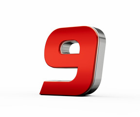 Metallic Red number 9 or Nine with silver edges stands on a white background. 3d illustration