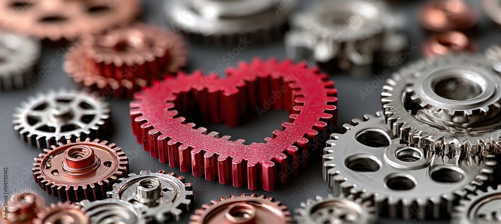 Poster intricate metal gears and heart shape symbol mechanism in a complex engineering design pattern