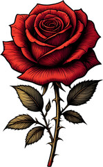 Detailed red rose illustration with realistic petals, vintage leaves, and romantic elegance, perfect for art and floral design themes