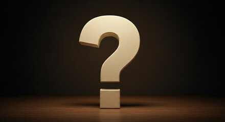 question mark in a box, question mark on a blackboard, Large beige question mark symbol stands on wooden surface. Brown warm textured background, dramatic lighting. Illustration reflects questions in 
