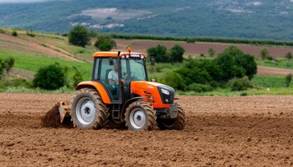 Obraz premium Farmer driving orange tractor plowing cultivated field in countryside