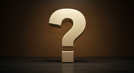 question mark in a box, question mark on a blackboard, Large beige question mark symbol stands on wooden surface. Brown warm textured background, dramatic lighting. Illustration reflects questions in 