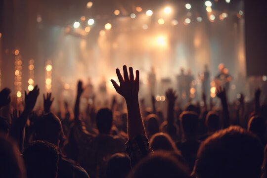 Large crowd engaged in worship with hands raised during an uplifting church event in a vibrant atmosphere at a community center in the evening