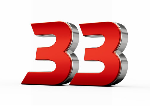 Metallic Red number 33 Thirty three with silver edges stands on a white background. 3d illustration