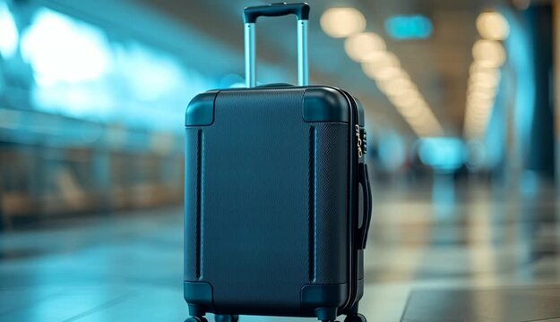 Modern black carry-on luggage suitcase with wheels in airport terminal hallway