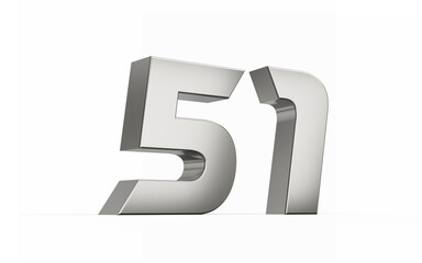 3d Silver number 51 Fifty one sleek metallic look isolated on white background, 3d illustration