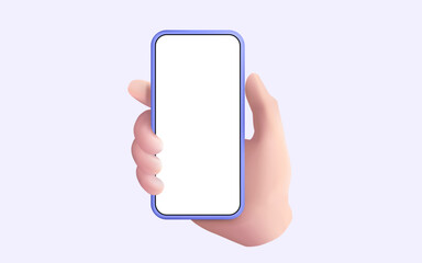 3d Vector illustration cartoon hand holding smartphone device blank screen. Front view, Mobile phone, Communication, Social media, Internet, Online technology, Hand using mobile phone mockup. Eps 10