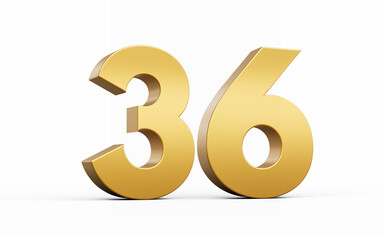 3D Golden number 36 Thirty six isolated on white background, 3d illustration