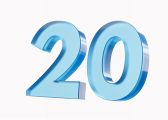 3d Glossy Blue number 20 Twenty isolated on white background. 3d illustration