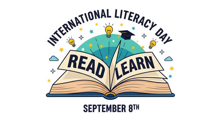 Open book with read learn text and graduation cap for literacy day image