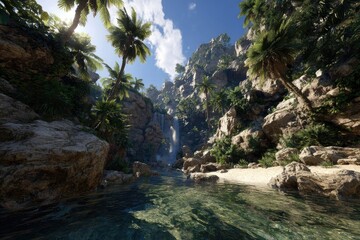 Fototapeta premium Tropical valley with waterfall and palm trees