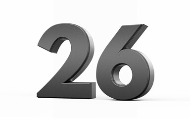 Sleek, metallic Black number 26 Twenty six standing on a white background, 3d illustration
