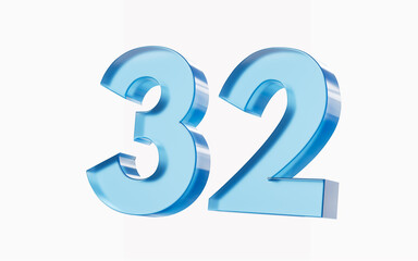 3d Glossy Blue number 32 Thirty two isolated on white background. 3d illustration