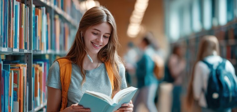 The joyful student immersed in reading at a vibrant library setting.