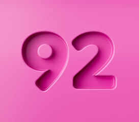 Vibrant pink number 92 Ninety two embossed on a pink background, 3d illustration