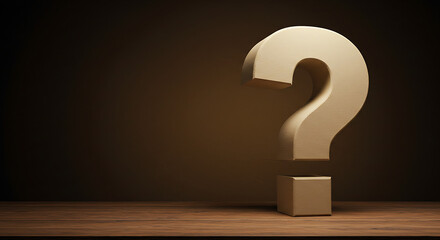 question mark in a box, question mark on a blackboard, Large beige question mark symbol stands on wooden surface. Brown warm textured background, dramatic lighting. Illustration reflects questions in 