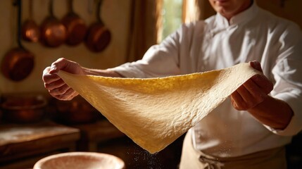 Chef stretching dough in rustic kitchen, traditional pasta making