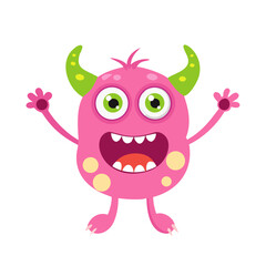 Cute Happy Pink Monster Character with Horns and Big Eyes Vector