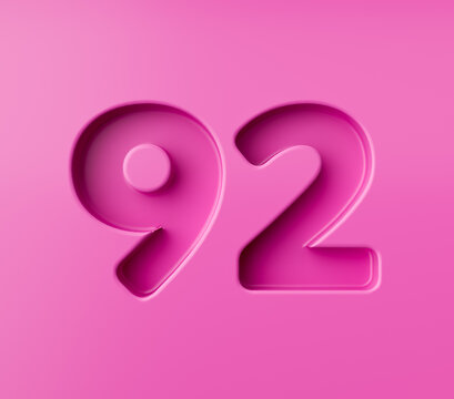 Vibrant pink number 92 Ninety two embossed on a pink background, 3d illustration