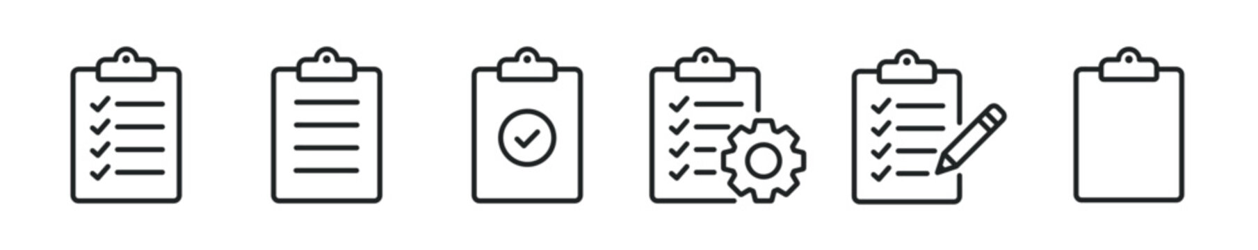 Clipboard thin line icon set. Document, file, task minimal editable stroke icons