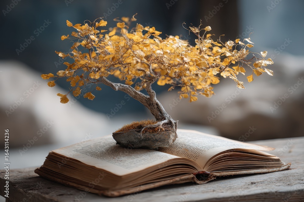 Poster golden tree growing from an old book symbolizes education and wisdom, creating a blend of nature and