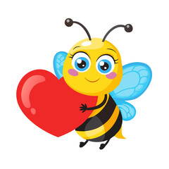 Cute Happy Cartoon Bee Holding a Big Red Heart Vector Illustration