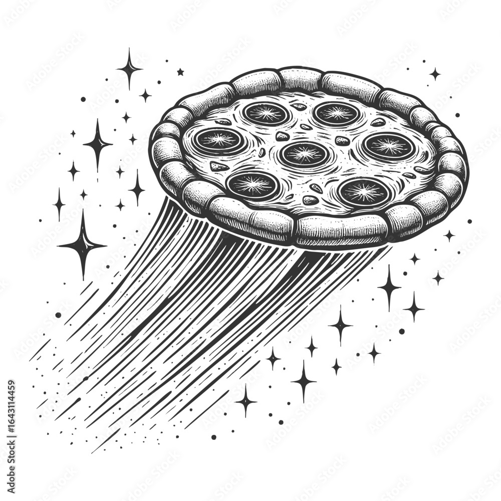 Poster pizza soaring through space like a ufo, surrounded by stars and cosmic trails sketch engraving gener