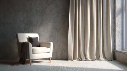 Elegant home interior showcasing a cream armchair dark pillow and long beige curtains