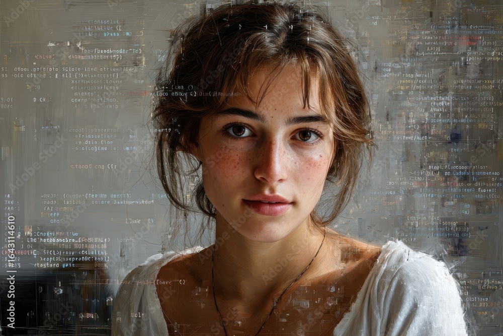 Poster ai model generates source code in a highly realistic portrait set in a creative coding environment w