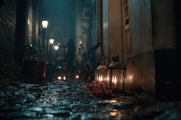 Rainy alleyway, dark, moody, with lanterns and flowers