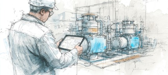 Engineer using digital tablet monitoring industrial equipment