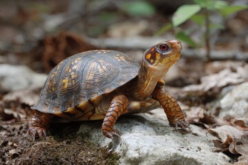 Obraz premium Detailed view of an eastern box turtle in a natural forest habitat, showcasing its vibrant shell and unique features, while navigating through the leaf-littered ground during daytime