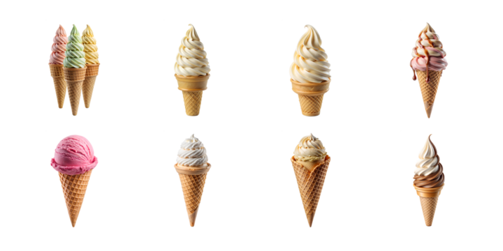 A Set Ice cream scoop on waffle cone on transparent background cutout, PNG file, multiple flavored ice cream scoops, A high-quality  featuring multiple scoops of ice cream placed on classic waffle