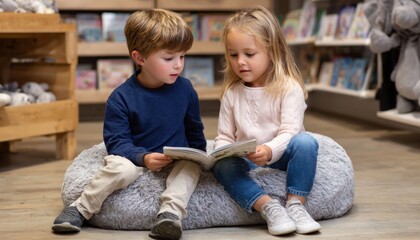 Boy and girl reading a book together in a bookstore