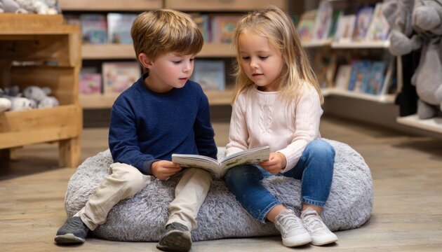 Boy and girl reading a book together in a bookstore