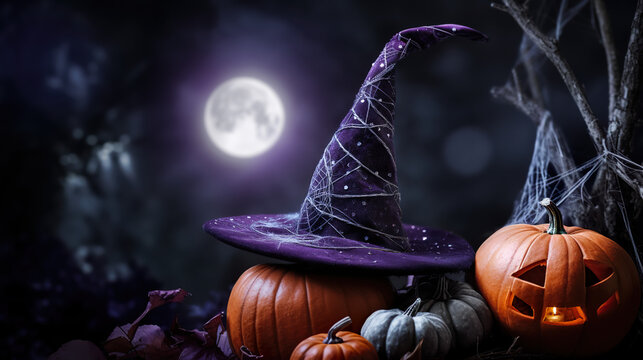 A velvet witch hat adorned with silver cobwebs and black satin ribbon, set against a mysterious moonlit Halloween backdrop.