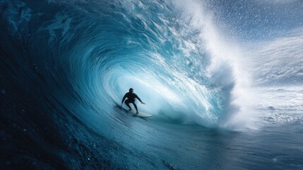 Surfer skillfully navigating a powerful ocean wave