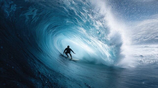 Surfer skillfully navigating a powerful ocean wave