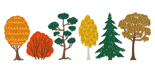 Set of crayon autumn trees painting