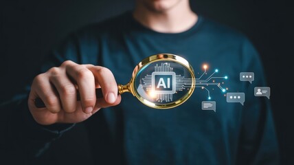 Man examines ai chip with magnifying glass digital network connections