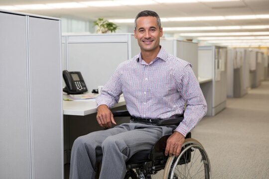 Portrait of smiling businessman sitting in wheelchair in office cubicle